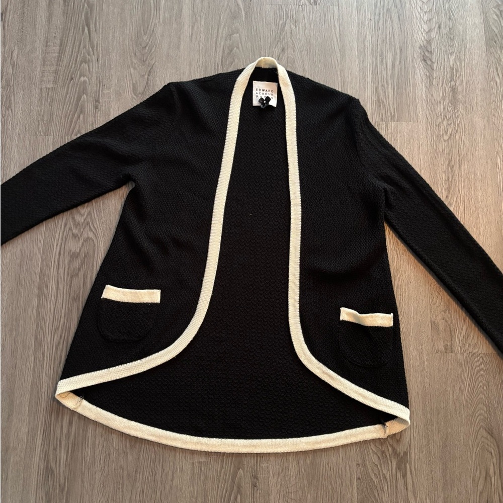 Edward Achour Paris Open-Front Black Cardigan with Cream Trim - Women's Sweater